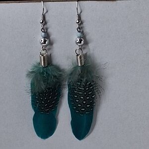 Boho Teal Feather Statement Earrings Long Shoulder Dusters Spotted Western Indie